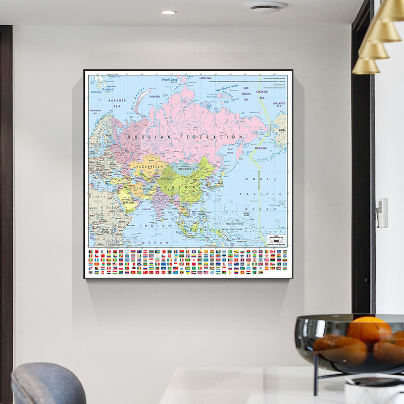 150*150 см карта Азии с национальными флагами, Нетканая Картина на холсте, настенный художественный плакат, украшение для гостиной и дома