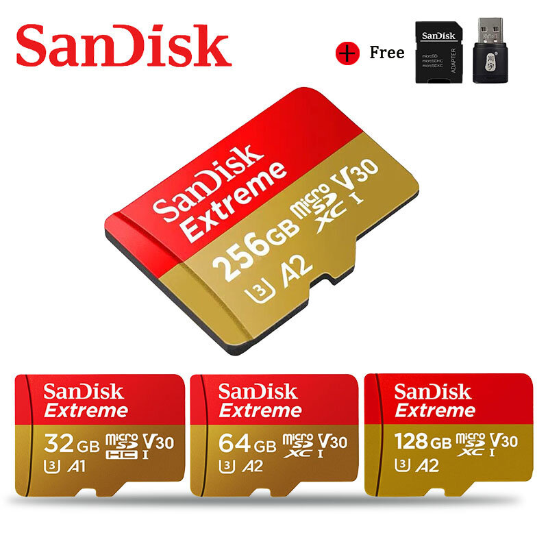 SanDisk Extreme — Carte mémoire à ultra haute vitesse d'écriture pour 4K, micro SD, classe 10/U1/U3, vitesse de lecture 100 Mo/s, livrée avec adaptateur pour téléphone, 32 64 128 Go