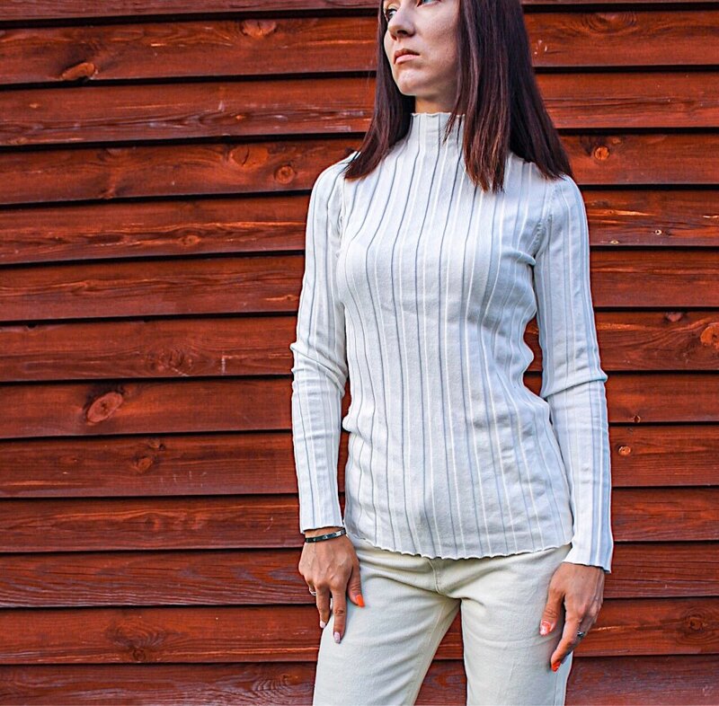 Maglione in cotone con collo finto donna top a costine larghe di base pullover lavorato a maglia autunno