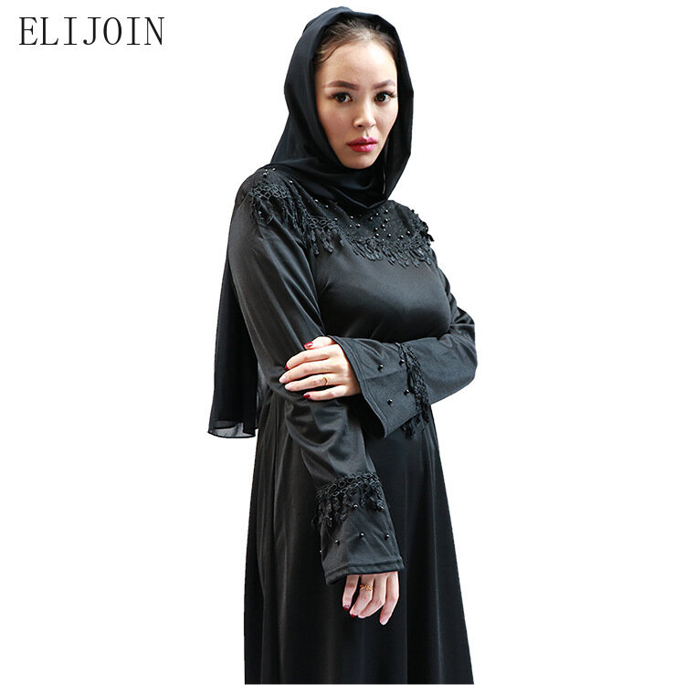 ELIJOIN Women's Long Skirt Solid Color Fashion Embroidery Dress Arab Muslim Simple Robe Skirt