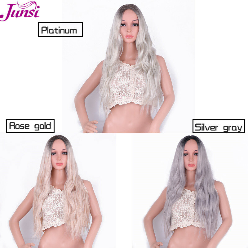 JUNSI  Gradient Grey Long Curly Synthetic Wigs For  Women Glueless Wavy Cosplay Wigs Heat Resistant Daily Wig