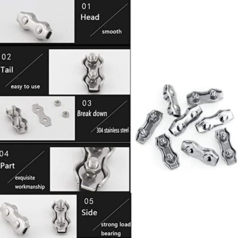 10Pcs Stainless Steel 6mm Wire Rope Cable Thimbles Silver Tone & 15 Pcs Stainless Steel Wire Rope Clip Cable Clamp