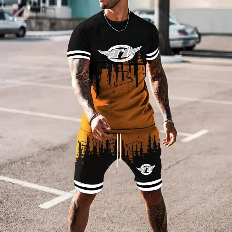 Camiseta masculina manga curta + shorts, camiseta esportiva com estampa 3d, verão, novo, 2021