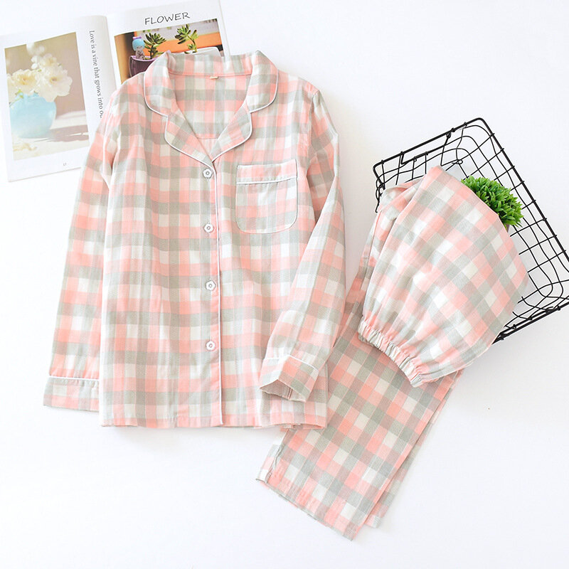 Pijamas japoneses para mulheres xadrez algodão puro, primavera, verão, fino, gaze de algodão, calças compridas, simples, soltos, conjunto de pijama feminino