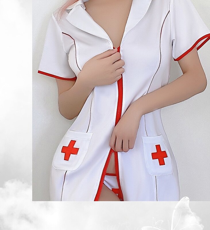 Roupas de enfermeira cosplay apaixonado quente uniforme conjunto lingerie erótica sexy profundo v apertado-encaixe zíper