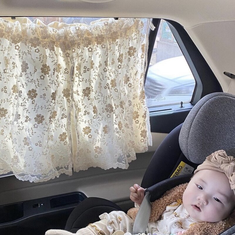 Summer Car Side Window Sunscreen Curtain Cotton Embroidered Sunshade UV Protection Adjustable Universal for Baby Children Kids