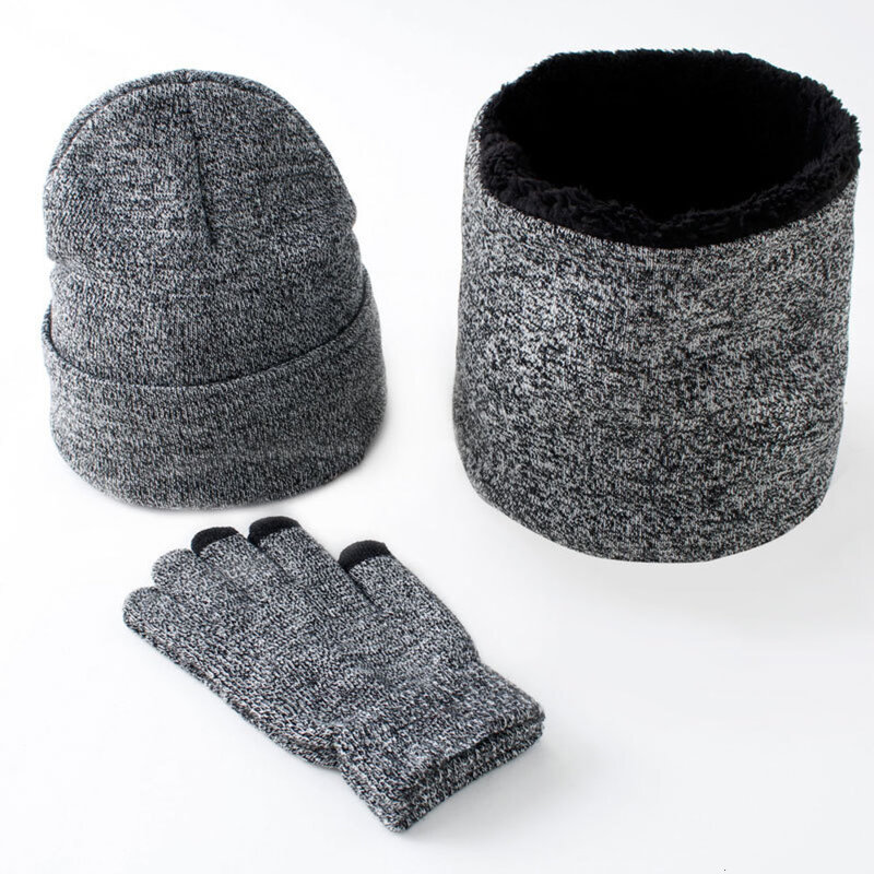 Зимняя теплая вязаная шапка шарф шею комплекты сенсорный Экран перчатки Комплект для мужчин и женщин Тип головного убора, комплект из 3 пред...