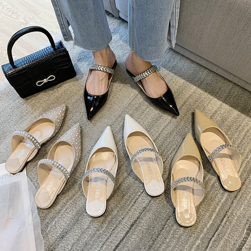 ผู้หญิง Pointed Toe Flats รองเท้า2021ผู้หญิงฤดูร้อน Mules รองเท้าแตะ Vintage Cloesed Toe ยาง Soles Beige รองเท้าแตะผู้หญิงรองเท้...
