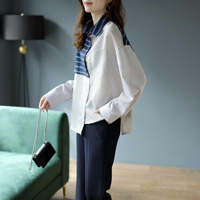 Striped Stitching Shirt Women's Loose Long-sleeved Shirt Spring 2021 New Casual Retro Shirt Trend