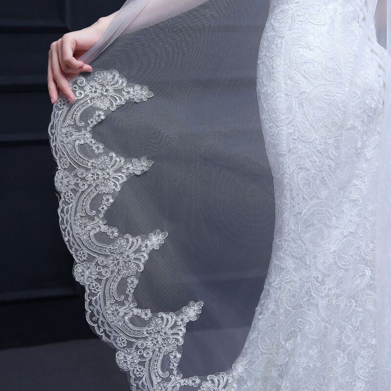 Alta qualidade mid-length véus de casamento com pente macio tule véus de noiva com pente de renda apliques borda acessórios de casamento