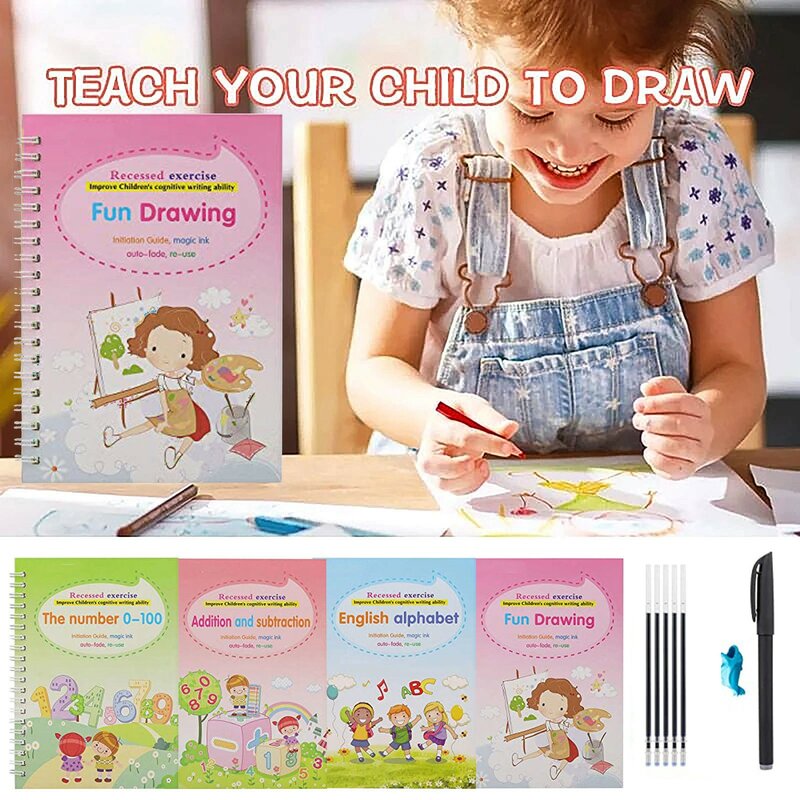 Cahier de pratique magique pour enfants, calligraphie magique, écriture à la main, réutilisable, 4, 1 stylo, 1 porte-stylo, 5 recharges, 10ML
