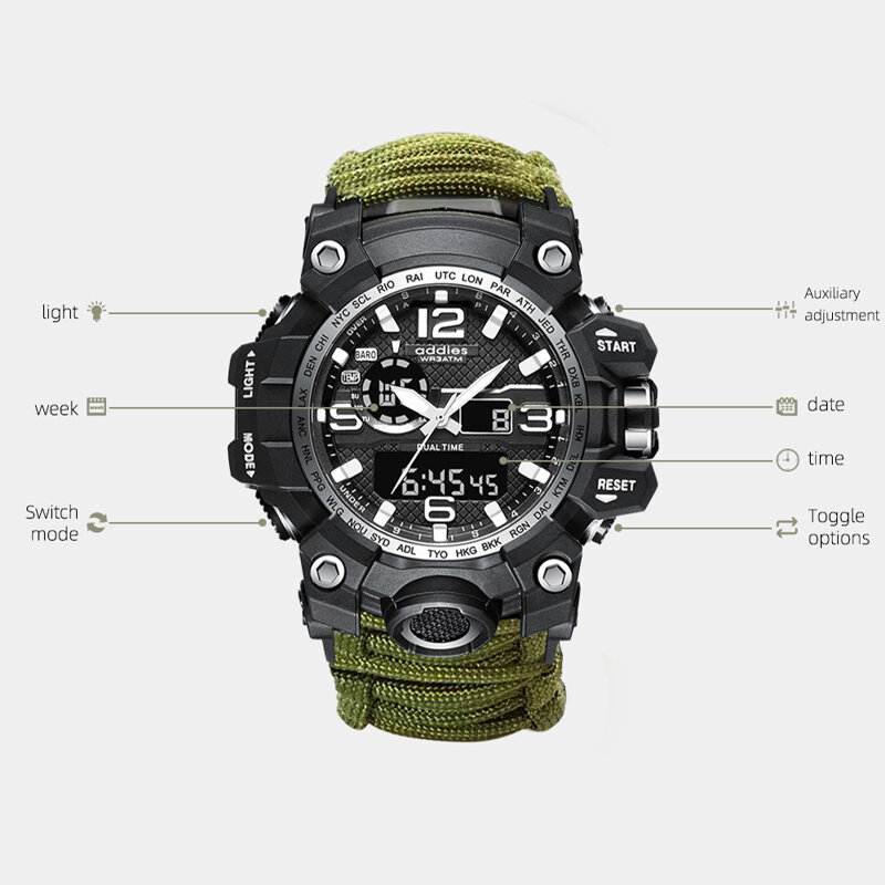 Addies Men's Digital Watch Multifunctional Outdoor Sports Watch Electronic Luminous Display 1902 Military Watches