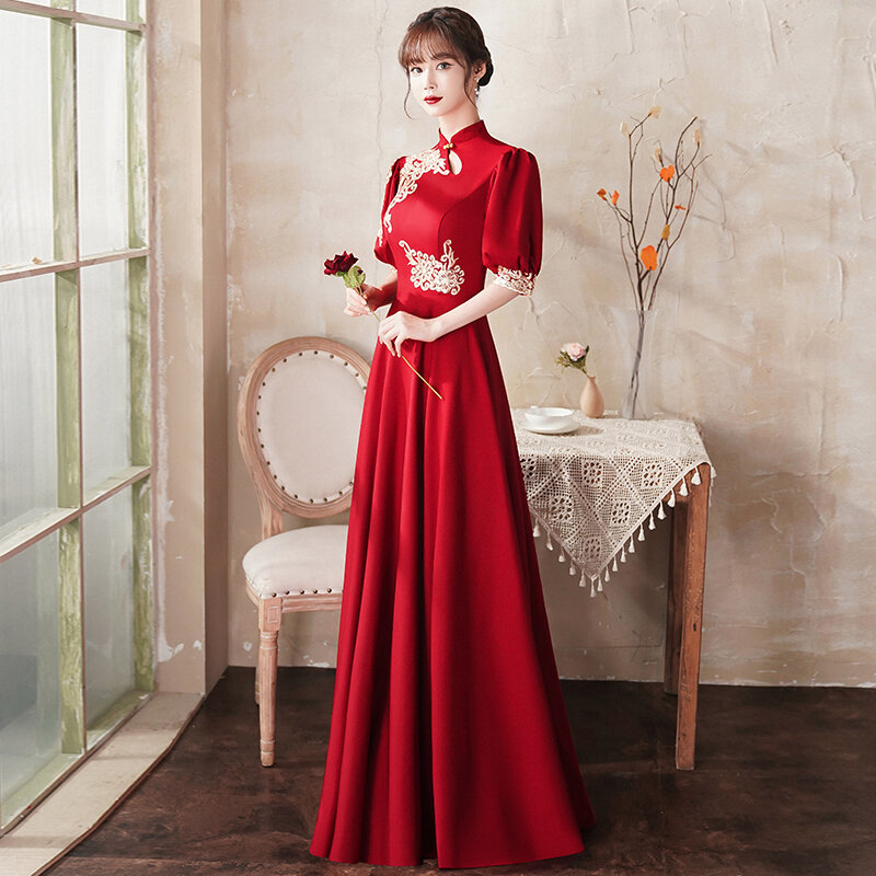 Abito da sposa/fidanzamento Cheongsam estivo rosso vino cinese da donna-stile lungo-maniche a sbuffo (copri le braccia)-stile Slim