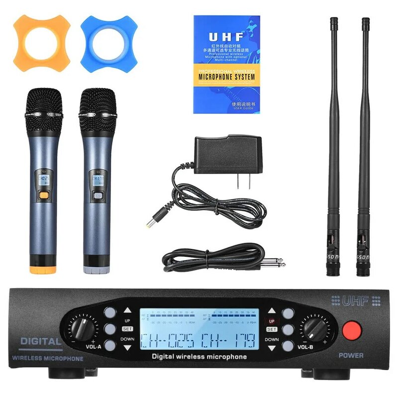UHF dual-channel wireless microphone microphone system with 2 adjustable frequency handheld microphones 6.35mm audio cable with