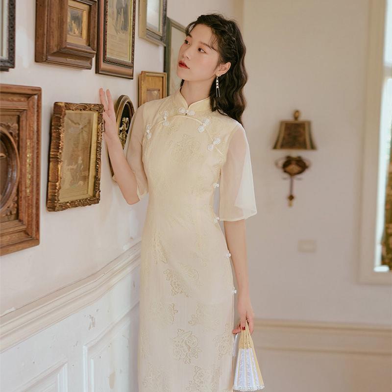 Cheongsam bordado vestido estilo chinês cheongsam eleglant para a menina vestido de mulher chinesa cheongsam qipao casamento 2021 verão