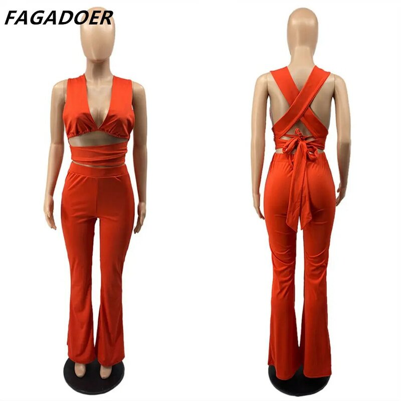 FAGADOER Sexy Women Two Piece Sets Halter Fashion Deep V Neck Lace Up Bra Crop Tops And Long Pants Suits Night Club 2pcs Outfits