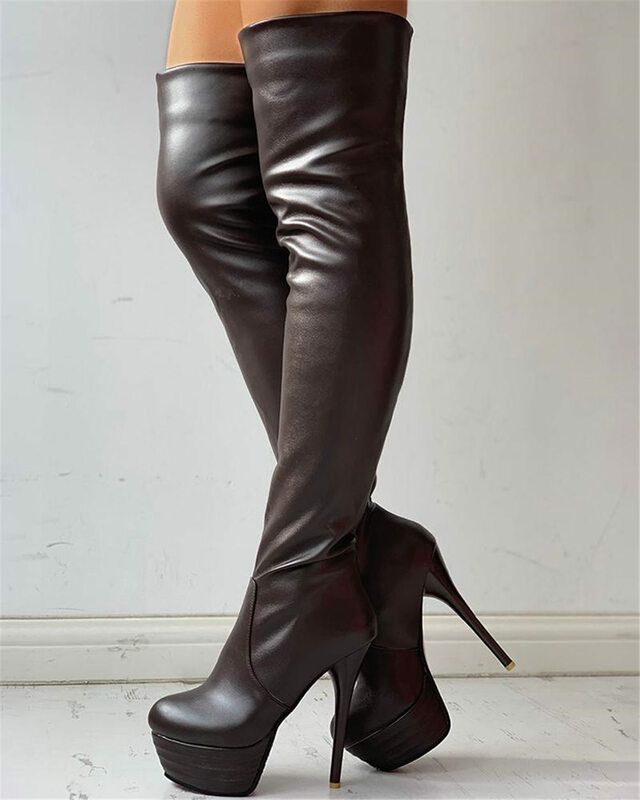 Botas por encima de la rodilla para mujer, zapatos sexys de talla grande 31-46, con plataforma de piel extrema, tacones finos de fiesta, fetiche, Invierno