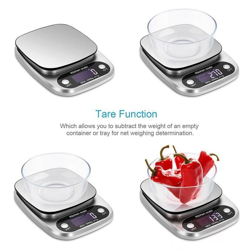 Báscula Digital de cocina para alimentos, balanza de peso multifunción de 10kg, electrónica para hornear y cocinar, con pantalla LCD plateada