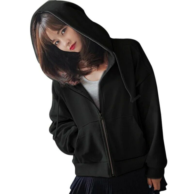 Otoño estilo coreano De Moda juvenil Color sólido con capucha delgada chaqueta con cremallera damas Tops Casual sueltos Mujer De Moda 2021