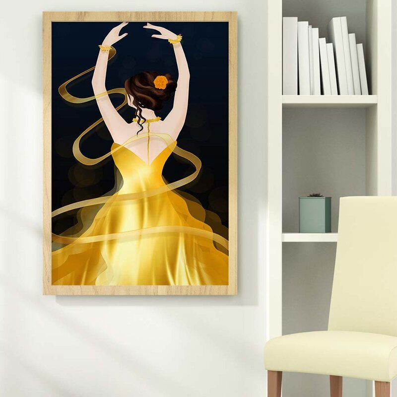 Рисунок маслом модная королева и юбкой золотистого цвета постер с танцовщицей со стильным абстрактным изображением, холст картины для гост...