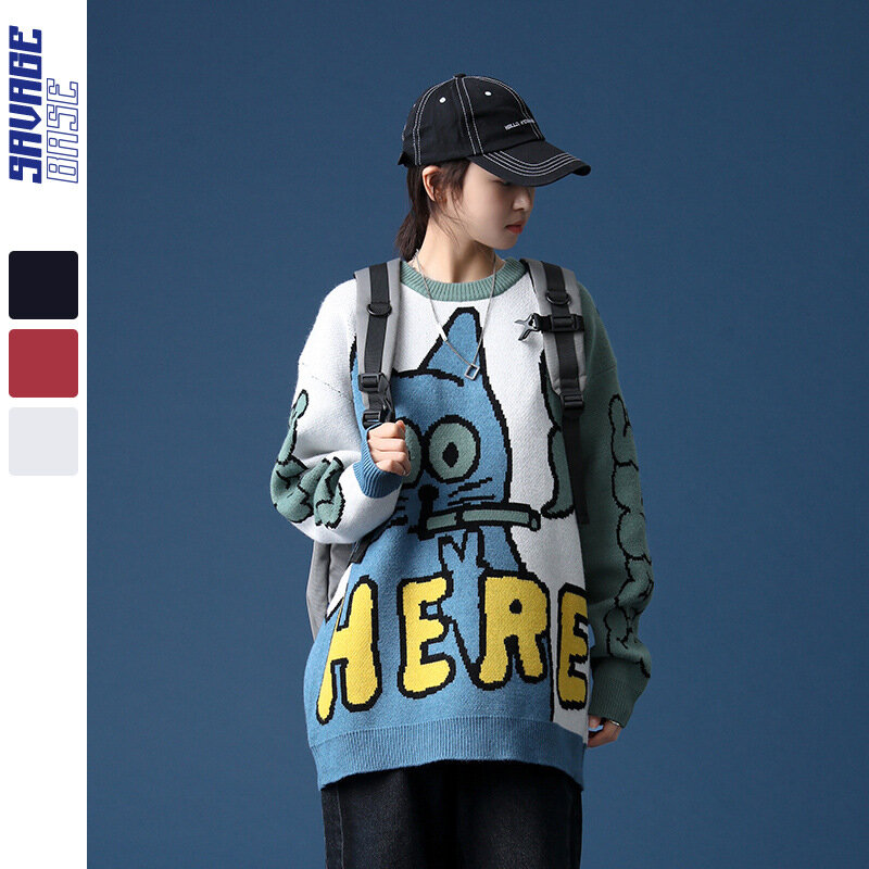 Maglione coppia coreana allentata di marca marea originale 2021 autunno e inverno giapponese Ins Cartoon maglione girocollo donna