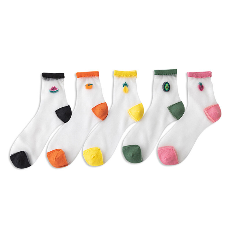 New Summer Socks Woman Cute Cartoon Fruit Crystal Silk Socks Breathable Fashion Gift For Ladies Girls Sheer Socks For Women