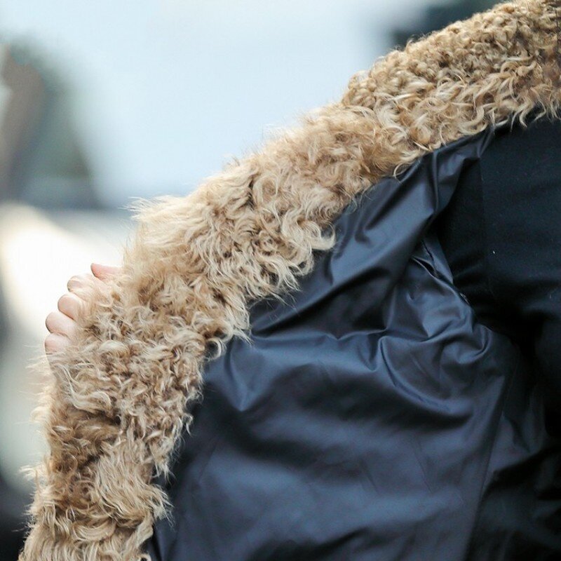 Casual rua inverno gola de lã para baixo jaqueta feminina comprimento médio fino quente grosso windbreakers cinto real jaqueta de couro genuíno
