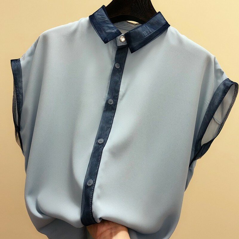 メッシュパッチワークシフォン女性シャツ 2020 夏新ターンダウン襟長袖ワンボタンスリムソリッドカラーの女性のエレガントなシャツ生き抜くトップス
