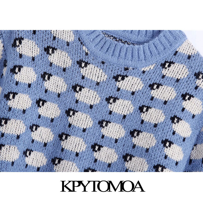 Kpytomoa 2020 moda feminina com guarnições com nervuras jacquard camisola de malha vintage o pescoço manga longa feminino pullovers chiques topos