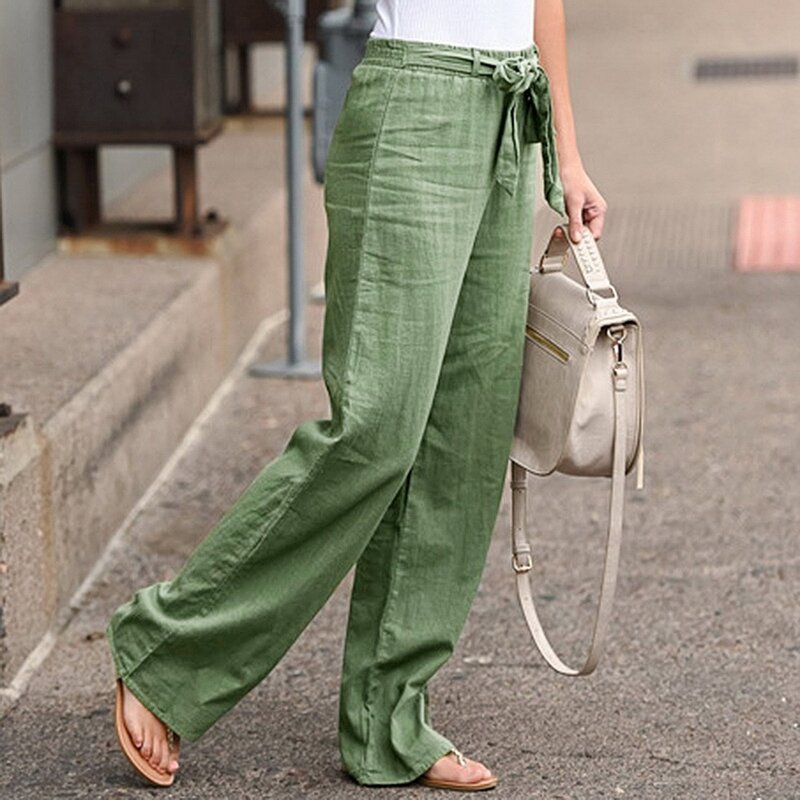 Las mujeres verano Casual Color sólido de alta cinturón ancho para la cintura pierna recta larga pantalones largos pantalones de Color sólido elegante pantalones de las señoras