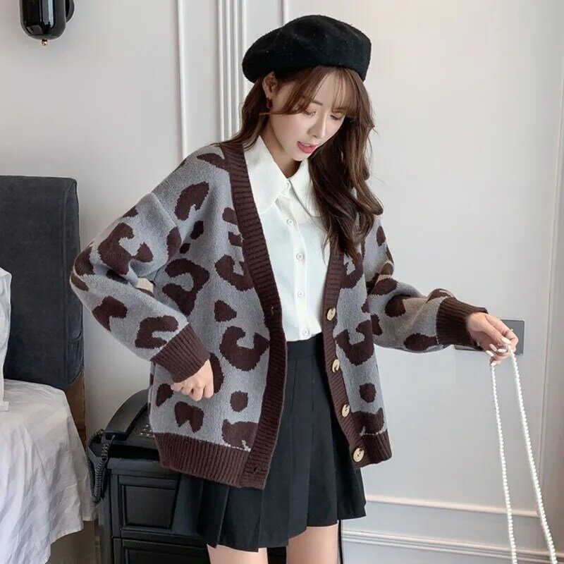 Atasan Wanita 2020 Wol Rajutan Cardigan Musim Gugur dan Musim Dingin Korea Baru Longgar Tebal Sweater V-neck Splicing Single Breasted Mantel