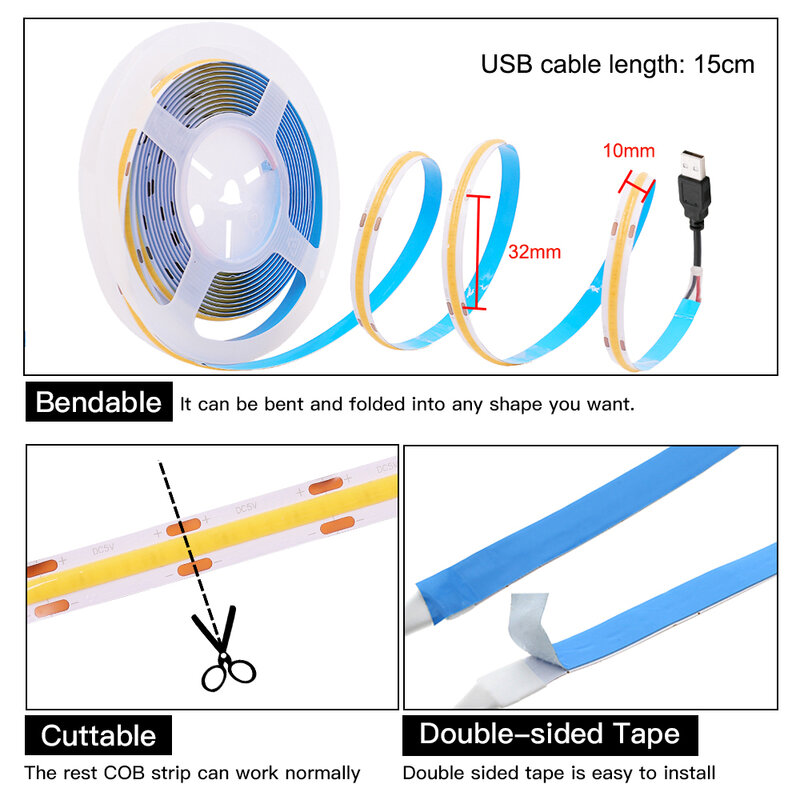 5V USB Powered COB LED Strip Light with Remote Control Dimmable Flexible LED Tape Ribbon 320Leds High Density Linear Light Rope