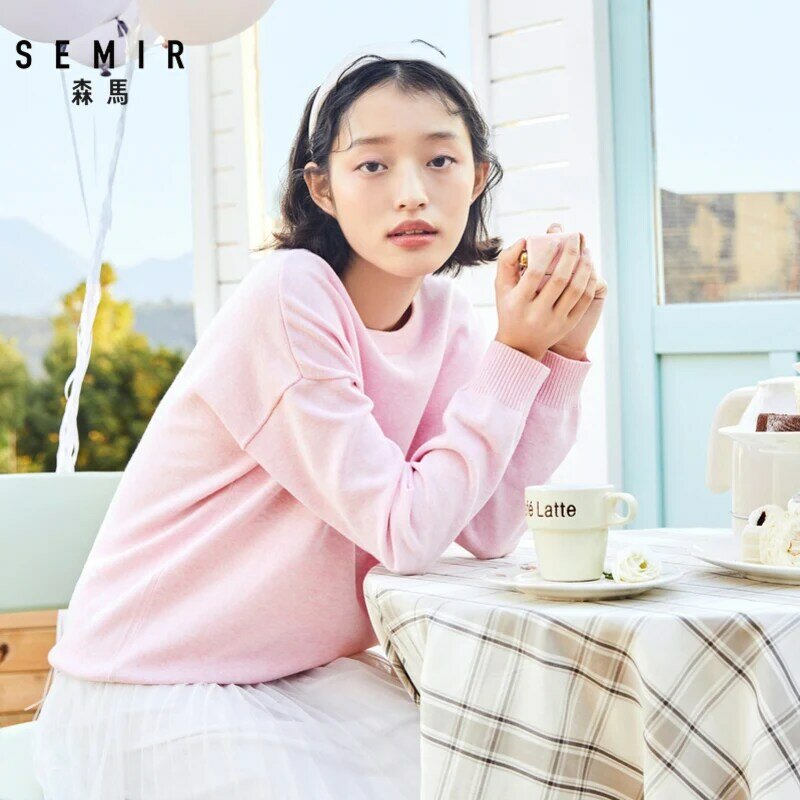 SEMIR-suéter fino de punto para mujer, suéter holgado con cuello redondo, cobertura de Color sólido, camisa de fondo, suéter universitario