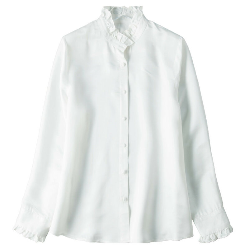 Silviye-قميص قطني بياقة واقفة للنساء ، بلوزة حريرية بيضاء بأكمام طويلة ، بلوزة ربيعية 2020