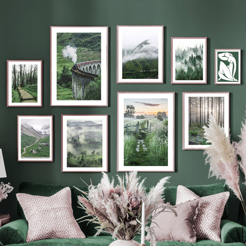 Pintura sobre lienzo para decoración de sala de estar, póster nórdico de niebla verde, montaña, bosque, elefante, paisaje natural, arte de pared impreso