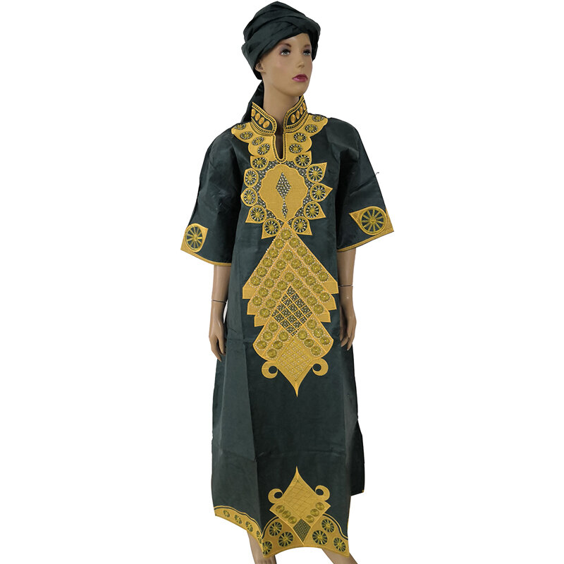 Vetement Femme 2021 Embroidery Long Dress For Women African Lady Clothes Plus Size Maxi Robe With Headtie Traditional Boubou