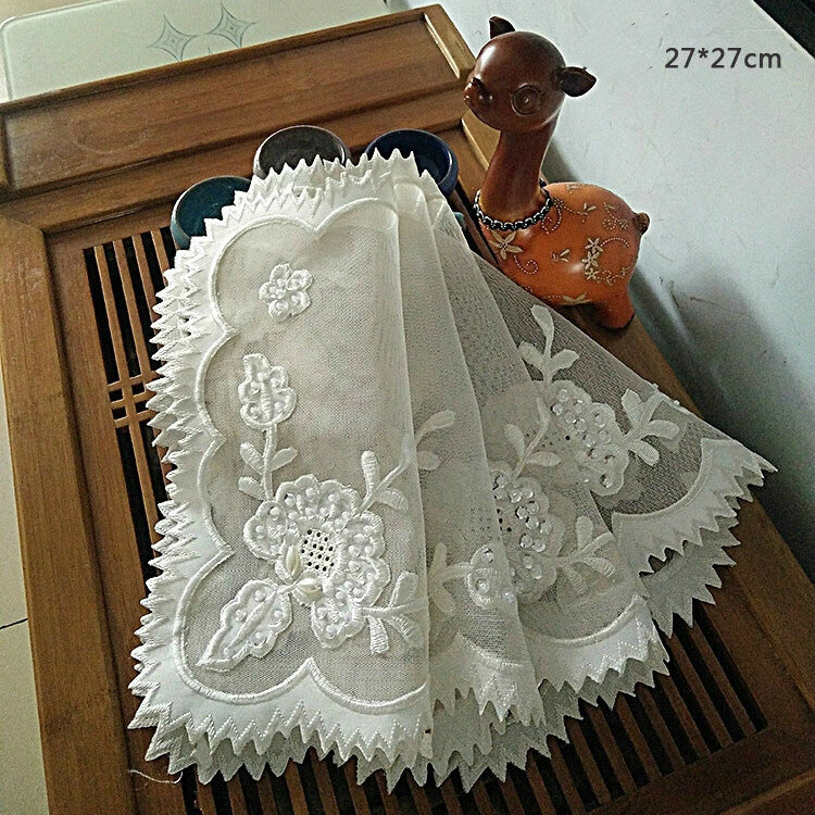 Exquisite Pastoral Lace Trim Embroidered Beads Flowers Square Tablecloth Bedside Tables Refrigerator TV Dust Cover Cloth Tapete
