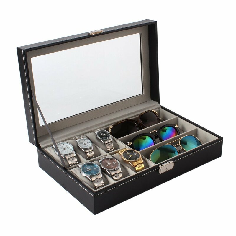 Multi-grilles cuir/Fiber de carbone montre boîte enrouleur montre boîte de rangement lunettes organisateur boucles d'oreilles anneaux bijoux présentoir