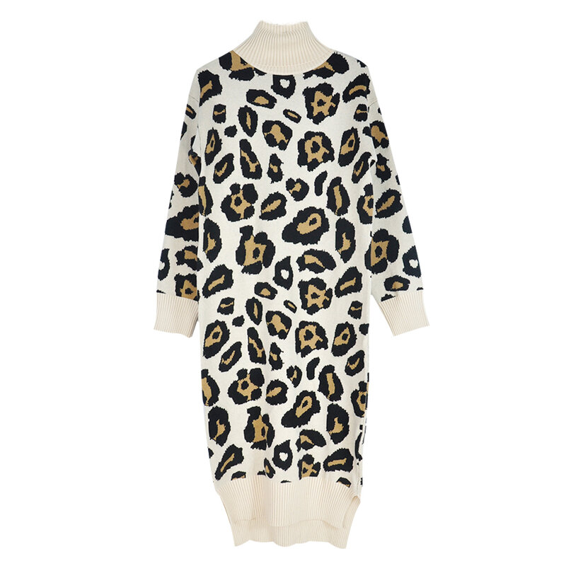 Taotrees-suéter de retazos de leopardo para mujer, vestido de punto sin cinturón, cuello alto, otoño