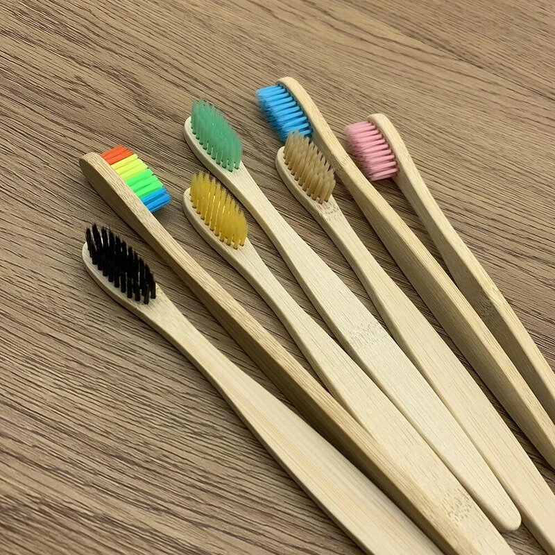 Cepillo de dientes ecológico de bambú, cerdas suaves de arco iris, cepillo de dientes Biodegradable, mango de bambú sólido, 50 piezas