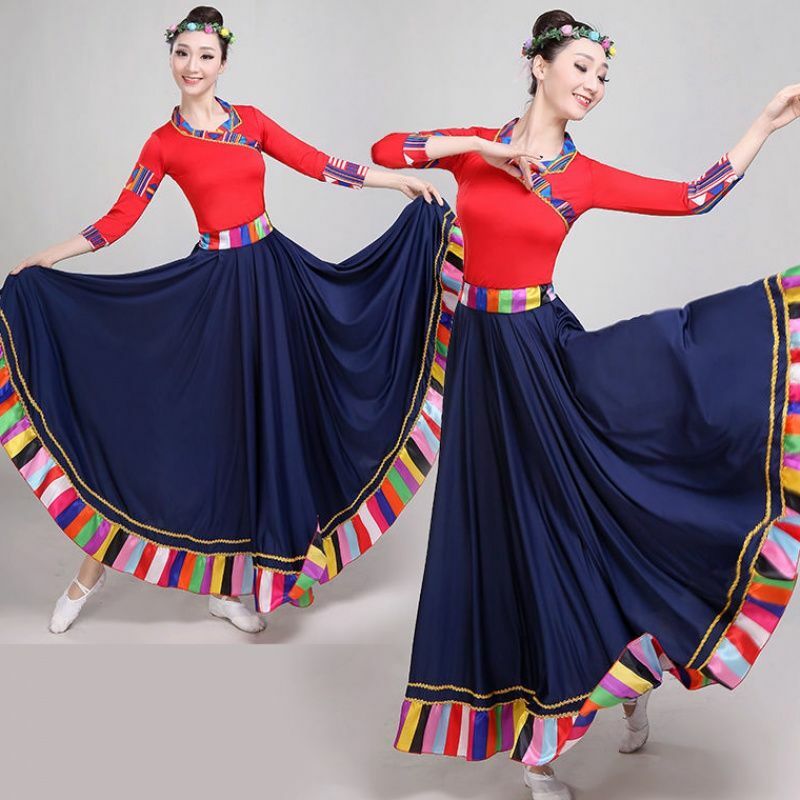 Traje tradicional chinês trajes de dança de palco trajes folclóricos desempenho festival tibetano roupa saias longas para a dança feminina