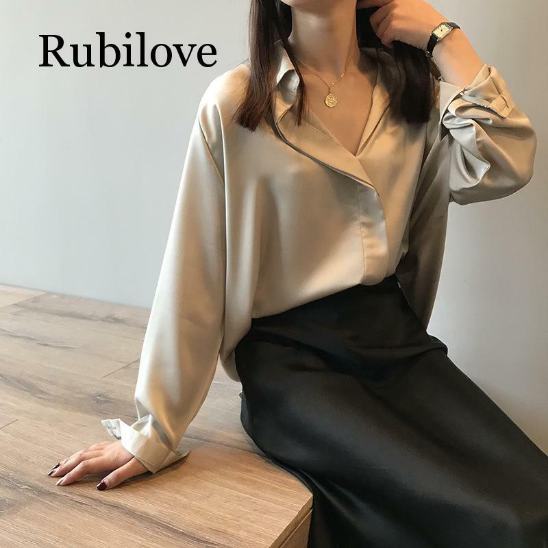 Rubilove 2019 春の新スタイルの気質カジュアルサテンシャツ女性長袖シャツルーズ無地シャツ