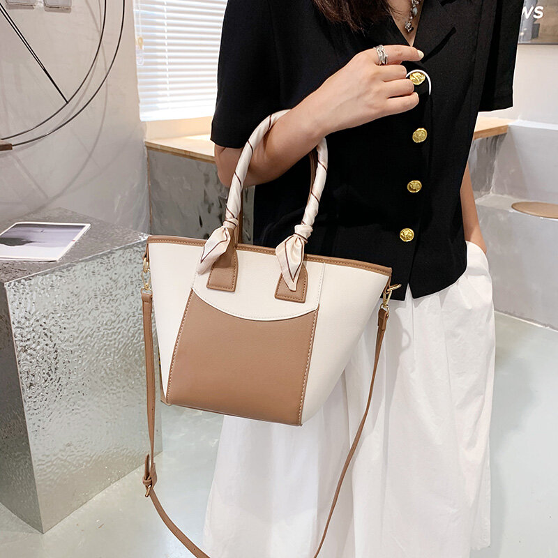 Farbe Kontrast Handtasche Weibliche Leder Schulter Taschen mit Band Hohe Qualität Reise Tote Tasche Sac Mode Crossbody-tasche für Frauen