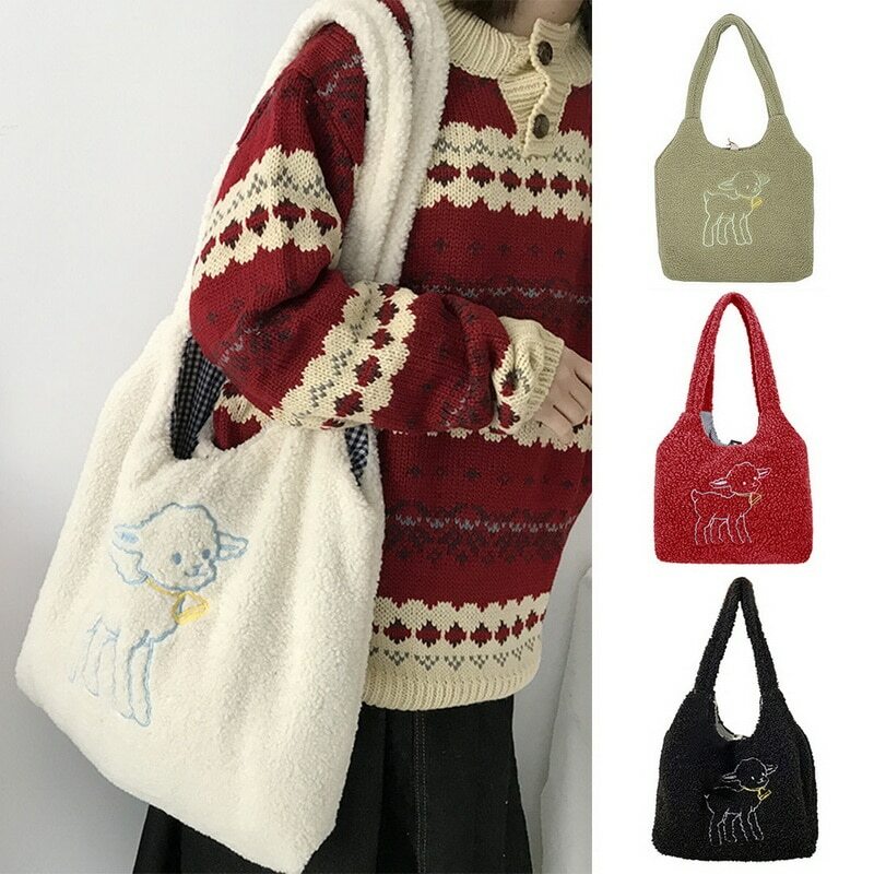 Women Lamb Like Fabric Shoulder Tote Bag Canvas Fluffy Fur Bear Handbags Large Capacity Soft Shopping Bags Girls Cute School Bag