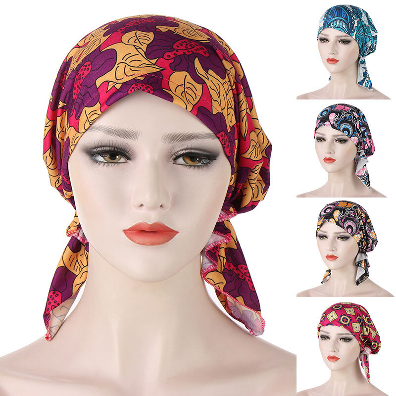 YJFASHION อุปกรณ์เสริมแฟชั่นพิมพ์โค้งดอกไม้ผ้าหมวก Baotou หมวกโค้งดอกไม้ผ้าหมวกมุสลิมหมวกพิมพ์หมว...