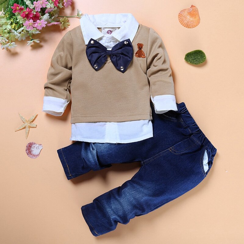 Детский джентльменский костюм-Двойка для мальчиков, худи с галстуками, топы + джинсовые брюки, повседневный комплект одежды для малышей