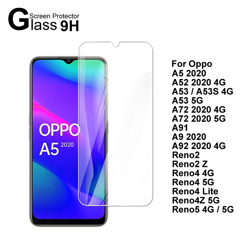 For Oppo A5 A52 A53 A72 A91 A9 A92 2020 Reno2 2Z Reno4 4Z 4 Lite Reno5 5G Reno 2 4 5 Tempered Glass Protective Screen Protector