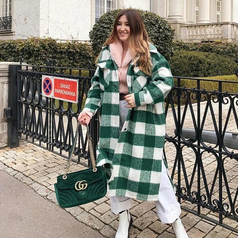 Manteau oversize Long à carreaux pour femme, veste Chic, tenue coupe-vent, nouvelle collection 2021