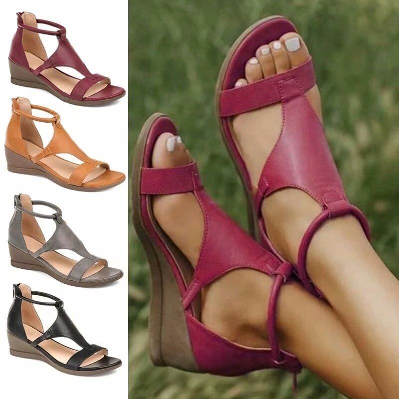 Sandales à talons compensés pour femmes, chaussures de plage confortables, grande taille 43, fermeture éclair au dos, gladiateur creux, été, Rome, 2021