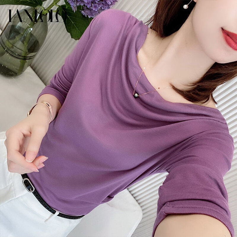Women's Spring Autumn Style Blouses Shirt Women's Knitting Long Sleeve Solid Color O-Neck Korean Casual Tops DD9023